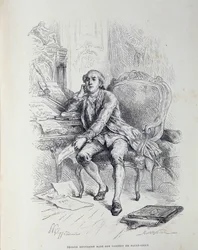 Necker dans son bureau à Saint-Ouen, entouré de notes « Réforme des Gabelles », « Taxes », « Abolition des Douanes » etc.