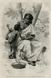 Négillon fumant et prenant le sein de sa mère, dans la région du Darién (est du Panama), gravure d