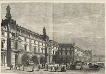 Nouveaux bâtiments des Tuileries sur la place du Carrousel (gravure) - Le nouveau Louvre - façade côté place du Carrousel et salle des États - Gravure de 1869