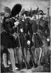 Nouveaux uniformes de la garde impériale française en 1860. Gravure dans « Le Monde Illustré » n°165 du 9 juin 1860.