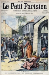 Nouvelle éruption volcanique du Montagne Pelée en Martinique : ambulances à Fort-de-France. Gravure dans "Le Petit Parisien"