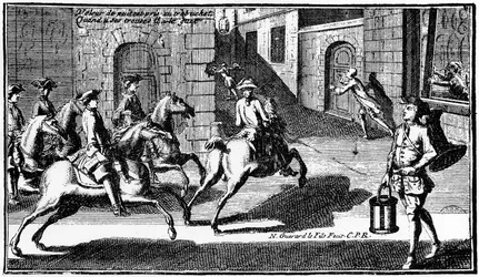 Voleur nocturne poursuivi par le veilleur - gravure