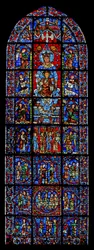 Notre Dame de la Belle Verrière ; en dessous, scènes des Noces de Cana et de la tentation du Christ dans le désert