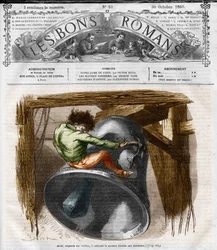 Série de romans : "Notre-Dame de Paris" par Victor Hugo (1802-1885). Quasimodo sur le clocher. Gravure dans "Les bons romans"