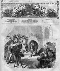 Série de romans : "Notre-Dame de Paris" par Victor Hugo (1802-1885). La foule effrayée et riant devant Quasimodo, le sonneur de cloches. Gravure dans "Les bons romans"