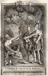 Ô Soleil tu le vois, et tu le souffres ! Ulysse me répondit sans bouger : Jupiter le veut... gravure de 1798 par Monnet dans "Les Aventures de Télémaque, fils d