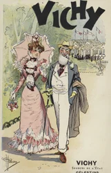Vieil homme et jeune fille marchant, publicité pour Vichy