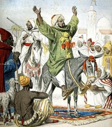 Omar Zarahun, prétendant au trône du Maroc, prêchant une guerre sainte, illustration de couverture de Le Petit Journal, 23 novembre 1902