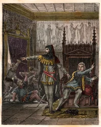 Guerre de Cent Ans : le dauphin Charles (futur Charles V) (1338-1380), premier dauphin de France, et Étienne Marcel (1302/1310-1358), qui assassina deux ministres, les maréchaux Robert de Clermont et Jean de Conflans, dans la chambre du dauphin de France
