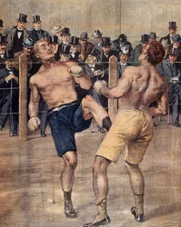 Une des premières rencontres de savate, boxe française, disputée à Paris en 1899, gravure en couleur, France