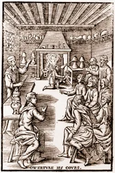 Ouverture du cours de chimie transmutatoire - gravure de 1653 dans "LE VRAY ET METHOD COURSES DE PHYSICS RESOLUTIVE" par Annibal Barlet
