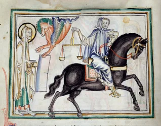 Ouverture du troisième sceau : un chevalier sur un cheval noir tenant une balance symbolisant la pénurie et la famine. Miniature tirée de « L