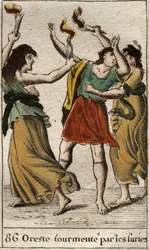 Oreste poursuivi par les Érinyes (ou Furies) pour avoir vengé la mort de son père Agamemnon en tuant sa mère Clytemnestre. Extrait de «Mythologie de la jeunesse» de Pierre Blanchard, 1803.