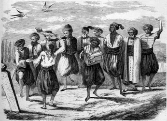 Fête orthodoxe : danses de Pâques grecques au Grand Champ des Morts à Constantinople. Gravure dans « Le Monde Illustré » n°52 du 10 avril 1858.