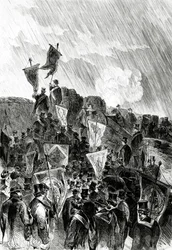 Manifestation pacifiste sur les fortifications par des francs-maçons le 28 avril 1870 pour demander la cessation du bombardement de Paris, tirée de Le Monde Illustré, 5 mai 1870