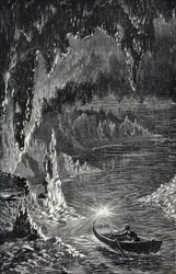 Grotte de Padirac dans le département du Lot, en France - Rivière souterraine - Gouffre de Padirac - dans le Lot en France - gravure dans "PATRIE" - DESCRIPTION PICTURESQUE DE LA FRANCE EN 6 VOLUMES PAR LUCIEN HUARD - fin du 19ème siècle