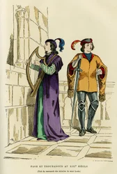 Costumes de page et troubadour au XIIIe siècle. Gravure en couleurs d