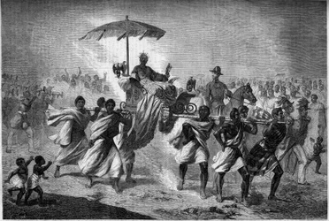 Promenade en palanquin de la reine de Madagascar Raboude (Rasoherina) (1818-1868), épouse de Radama II. Gravure dans « Le Monde Illustré » n°303 du 31 janvier