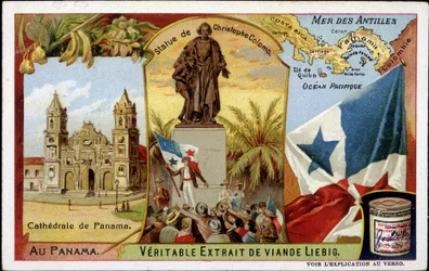 Panama : la cathédrale, la statue de Colomb, le drapeau - chromo.