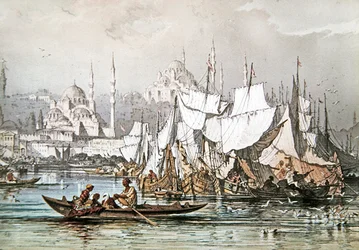 Panorama des navires dans le port de Constantinople avec la Mosquée Bleue et Sainte-Sophie