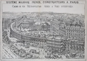 Vue panoramique du métro aérien à Paris, illustration de Le Métropolitain, mai 1885