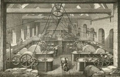 Fabrication de papier : blanchiment de la pâte de chiffon. Gravure c1870.