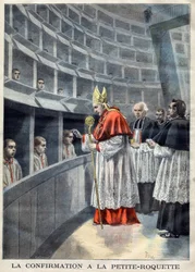 Paris - Prison de la Petite Roquette (prison pour femmes et adolescents) - La confirmation à la Petite-Roquette - Mgr Richard, archevêque de Paris illustration par Méaulle, Fortune Louis (1844-1901) dans « Le Petit Journal », novembre 1896 - Confirmation r