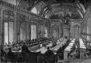 Paris, 4 août 1871 : première réunion du conseil municipal dans la salle du Trône du Palais du Luxembourg. Gravure dans "Le Monde Illustré" n°748 du 12 août 1871
