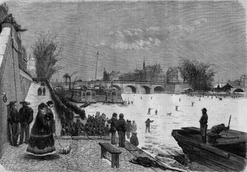 Paris, hiver 1868 : la Seine gelée. Vue du fleuve à la hauteur du pont Neuf. Gravure dans « Le Monde Illustré » n°561 du 11 janvier 1868.