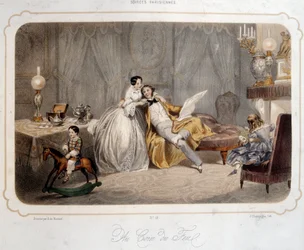 Soirées parisiennes : « au coin du feu » Un couple bourgeois et des enfants sur un cheval de bois dans un intérieur. Lithographie du Paris du 19e siècle. Arts décoratifs
