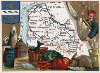 Pas-de-Calais (62), Nord-Pas-de-Calais, France. Spécialités locales : savon noir, poisson salé, cidre et tabac. Série sur les départements français. Chromolithographie « le fil géographique », vers 1920. Collection privée.
