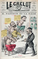 Pasteur et la rage, caricature des expériences de Louis Pasteur de Le Grelot, 8 novembre 1885