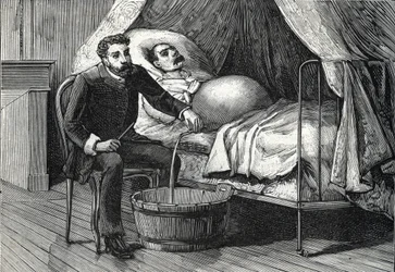 Patient avec cirrhose hépatique avancée, docteur effectuant une ponction (gravure) 1888