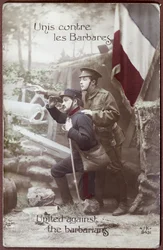 Carte postale patriotique de la Première Guerre mondiale, représentant un soldat français et un soldat anglais ensemble, c.1915