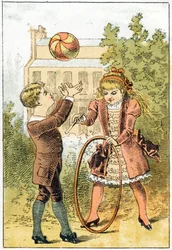 Paul joue à la balle et Louise joue au cerceau - dans « Alphabet des petits savants », fin du 19ème siècle (chromolithographie)