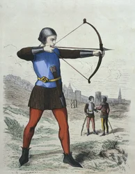 Archer pédestre au XIIIe siècle, illustration de Costumes de Paris à travers les siècles par H. Gourdon de Genouillac, gravé par A. Renard (XIXe siècle)