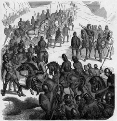 Pépin le Bref traversant les Alpes à la tête des Francs pour secourir le pape contre les Lombards.