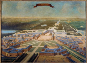 Vue en perspective des écuries du château et des jardins de Versailles à la fin du règne de Louis XIV, vers 1710-1715