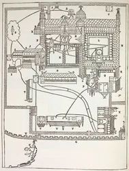Plan du monastère bénédictin de Canterbury au XIIe siècle, de la Vie militaire et religieuse au Moyen Âge par Paul Lacroix, publié à Londres vers 1880
