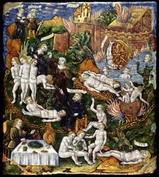 Plaque : Énée et Sybille aux Enfers, vers 1530 (émail et or sur cuivre)