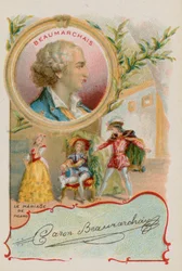 Dramaturge Pierre-Augustin Caron de Beaumarchais avec une scène du Mariage de Figaro