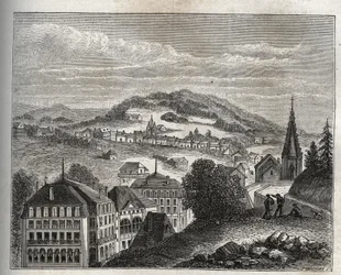 Plombières-les-Bains, station thermale des Vosges - gravure dans « La France illustrée : géographie, histoire, administration statistique » par V.A. Malt-Brown. 1884