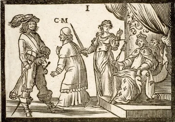 Pamphlets politiques Mazarinade : Mazarin banni par la Justice et la Fronde, quitte le Roi (Louis XIII). Gravure sur bois 1651.