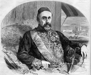 Portrait de Fouad Pacha (1815-1869), homme politique et ambassadeur turc. Gravure par Morin dans « Le Monde Illustré » n° 65 du 10 juillet
