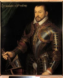 Portrait de François Ier, duc de Montmorency, maréchal de France (1530-1579) en armure gravée de son monogramme et de celui de sa femme Diane de France Peinture de l