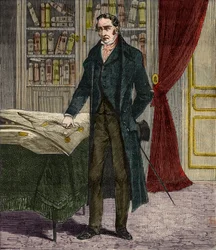 Portrait de George Stephenson (1781-1848), ingénieur britannique et pionnier des locomotives ferroviaires - Gravure dans « Sciences à la portée de tous - Physique et chimie populaires » par Alexis Clerc - Fin XIXe siècle - Collection privée