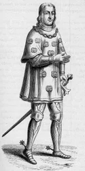 Portrait de Louis de Malet, seigneur de Graville (ca. 1441-ca. 1519), amiral de France en 1487, en costume de guerre et de tournoi. Gravure dans "La Marine et les colonies: commerce"