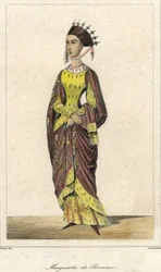Portrait de Marguerite de Provence (1221 - 1295), Reine de France, épouse de Louis IX. Gravure 19ème siècle.