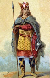 Portrait de Pharamond (ou Pharamun ou Faramund ou Paramund), roi des Francs saliens (règne entre 420-428). Chromolithographie vers 1890.