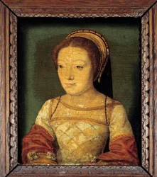 Portrait de Renée de France, fille de Louis XII, duchesse de Ferrare (1510 - 1575). Huile sur bois, 0,16 x 0,13 m. peinture anonyme. École française du XVIe siècle.